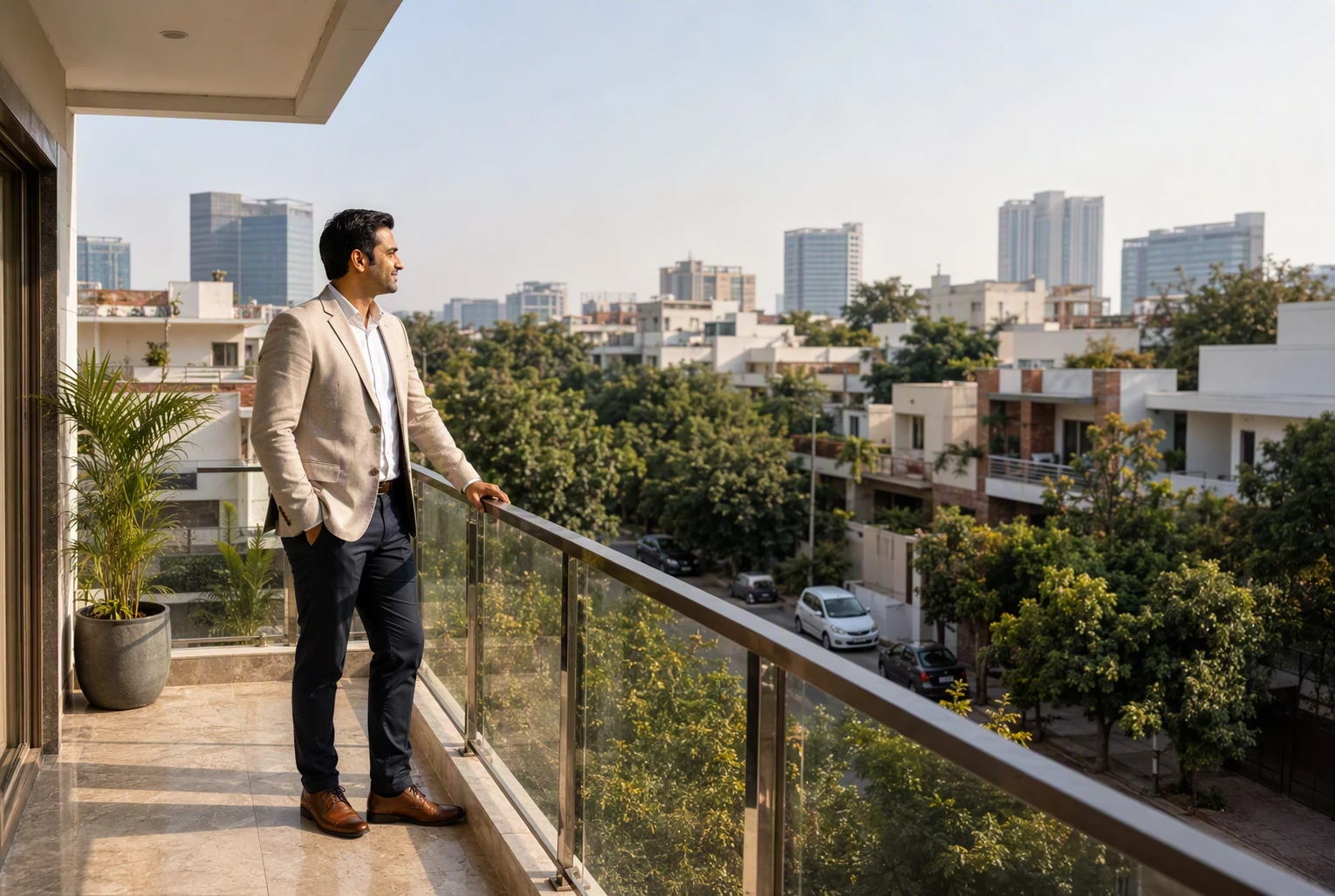 Sunlit balcony overlooking mature Sushant Lok streets