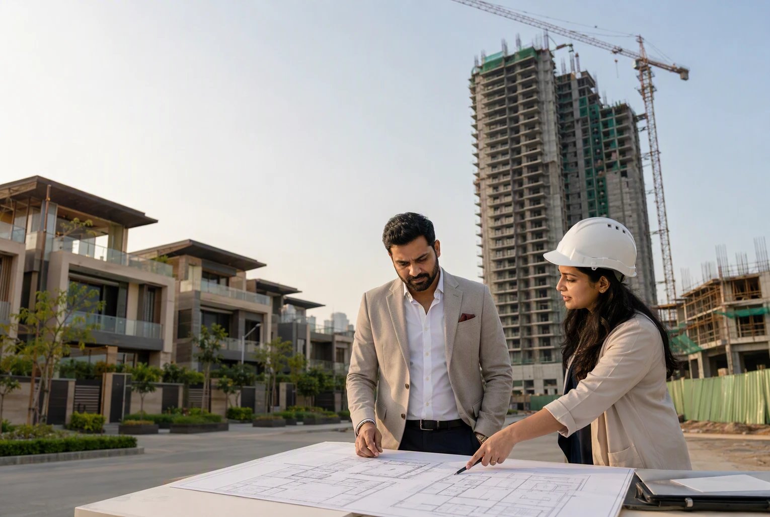 Architect and buyer reviewing low-rise plans