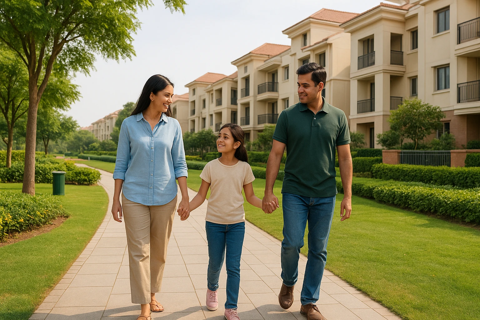 Parents strolling past landscaped low-rise homes