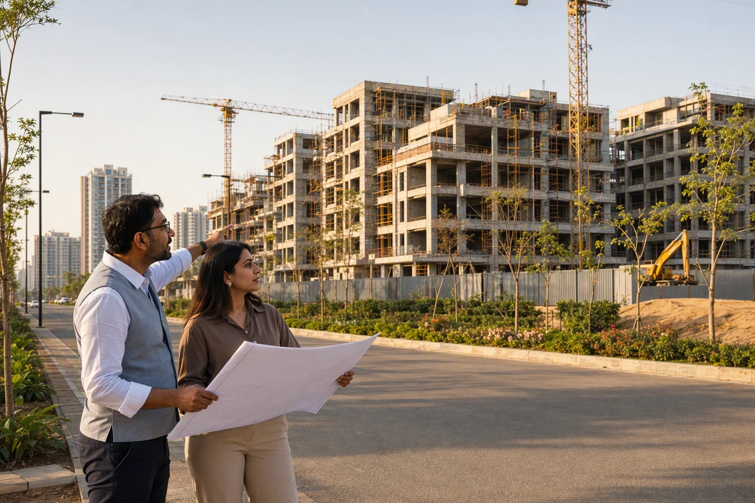 Architect and buyer review low-rise construction site