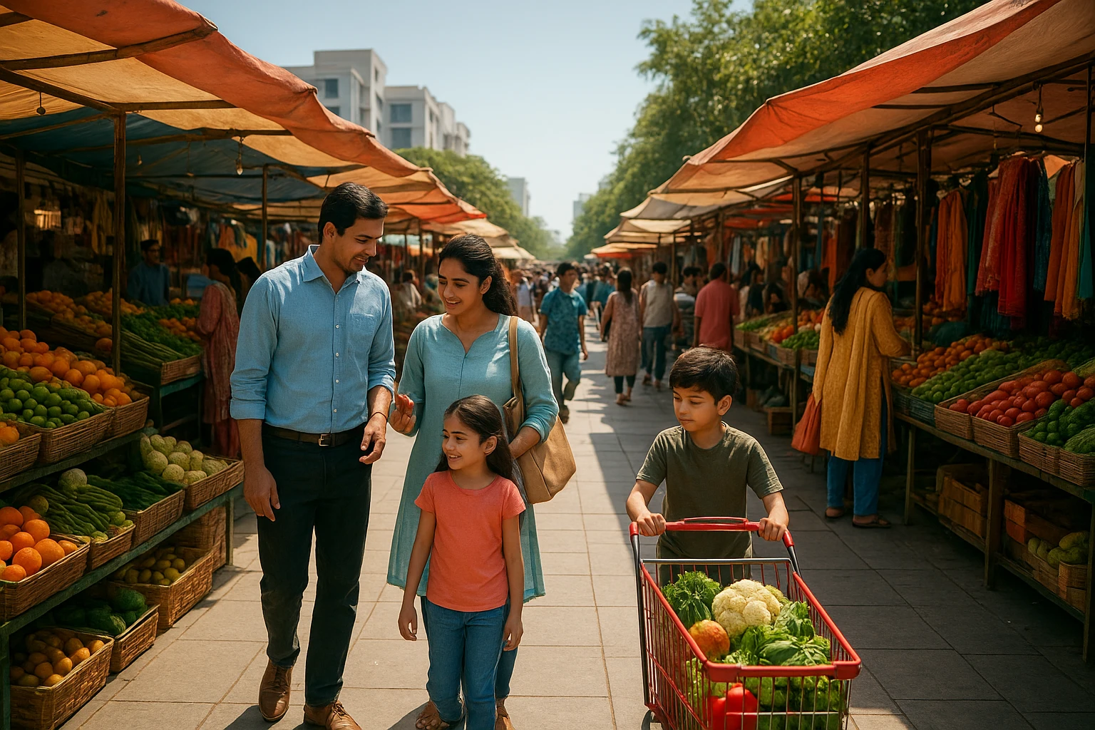 Families shopping at a lively New Gurgaon market