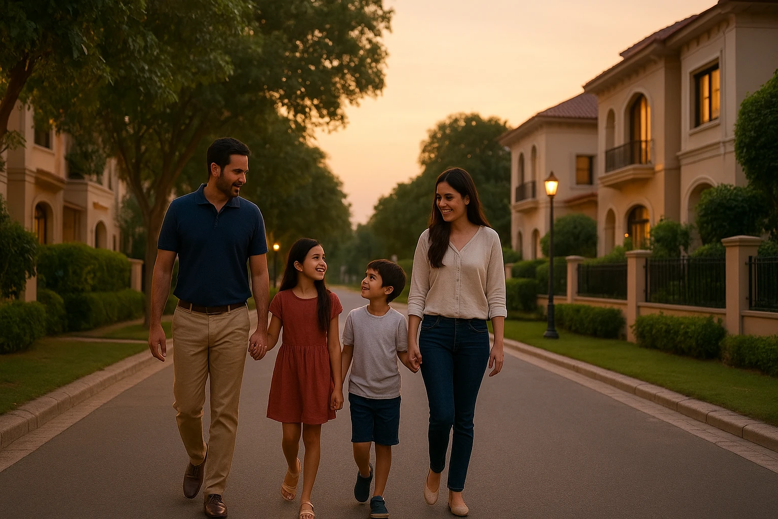 Family strolling past tree-lined DLF villas at dusk