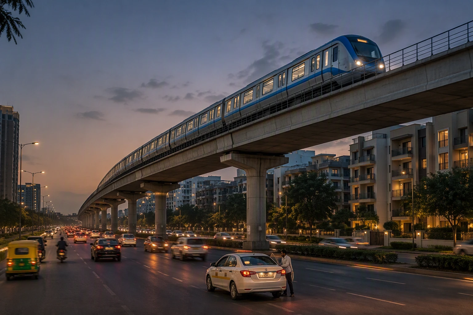 Evening traffic beneath elevated Rapid Metro tracks