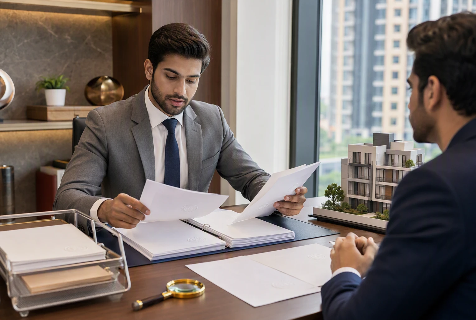 Lawyer reviewing floor plans and title documents