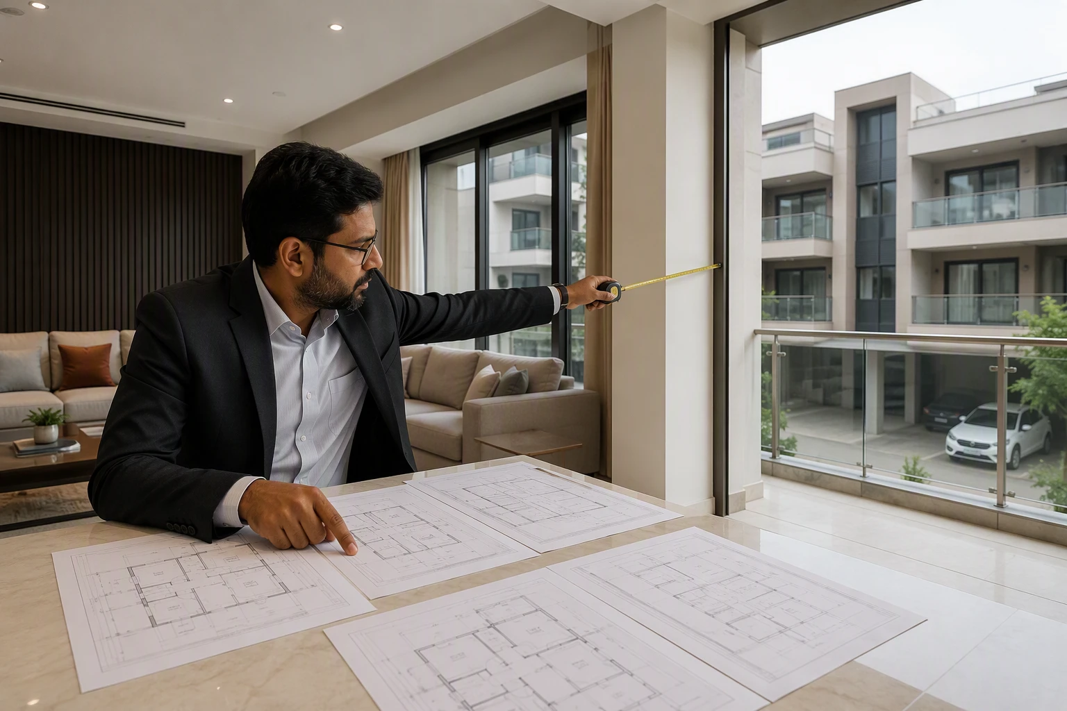 Property lawyer comparing sanctioned drawings with finished builder floor