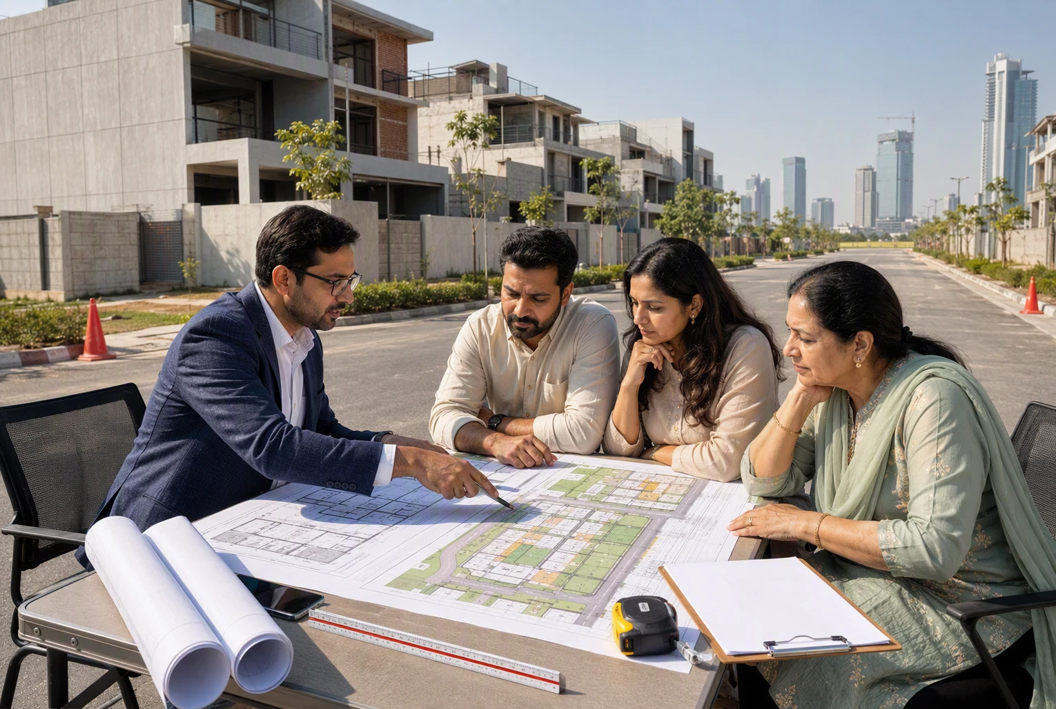Architect and family reviewing floor plans on site