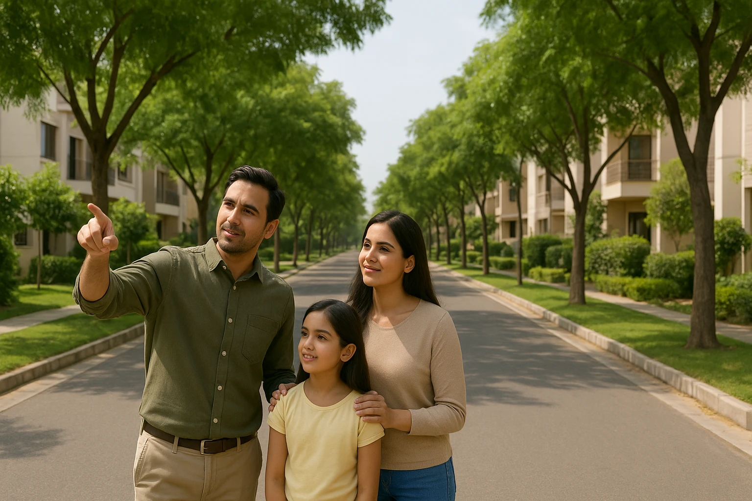 Family inspecting tree-lined builder floor lane