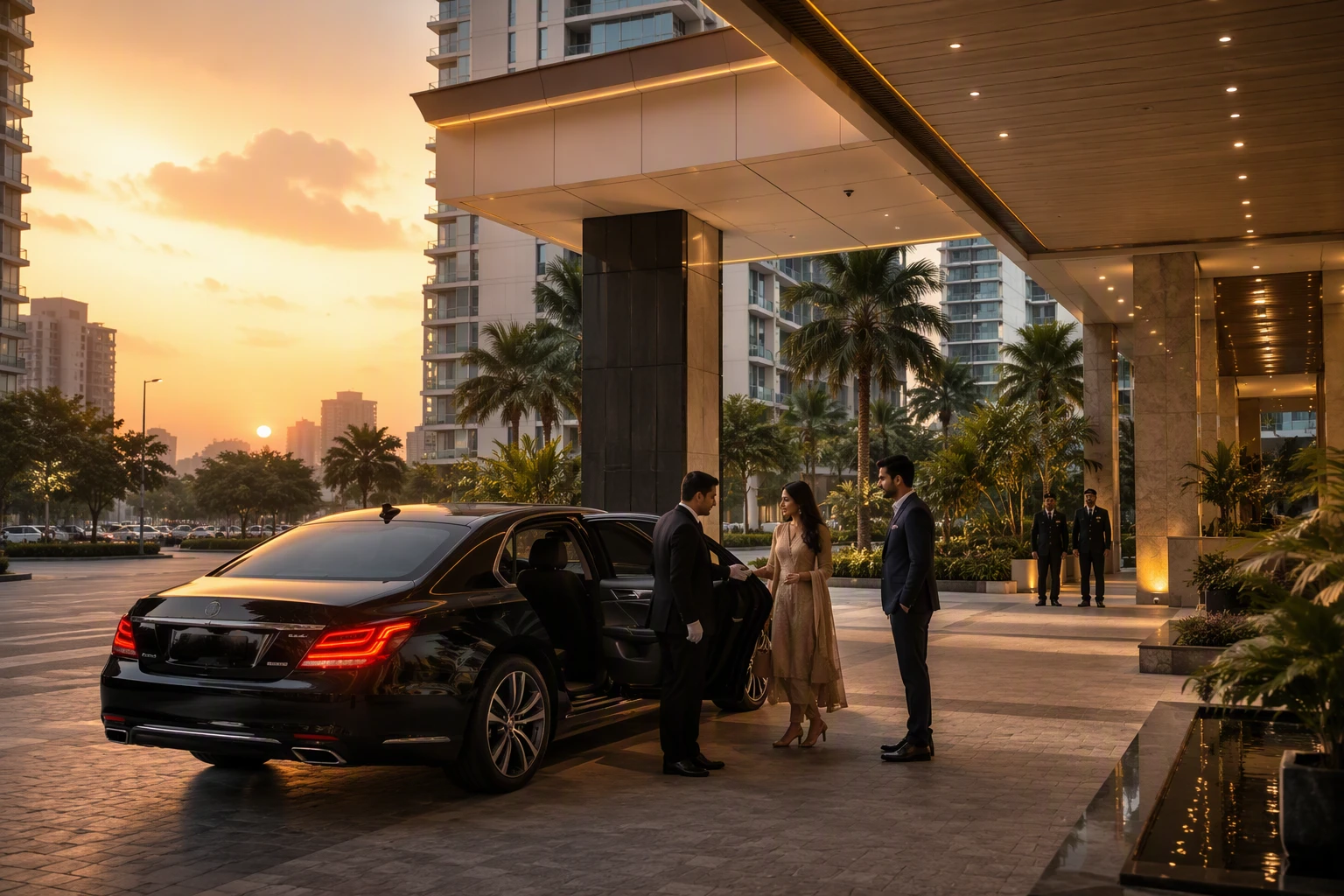 Chauffeur-driven sedan outside luxury tower at sunset