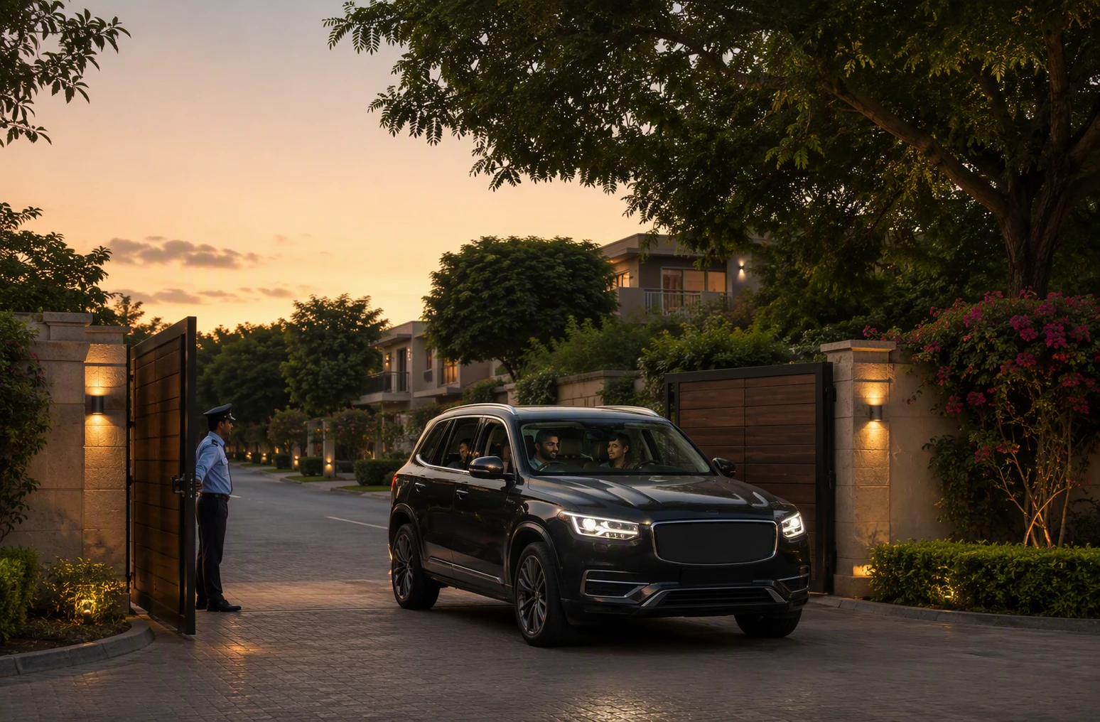 Family entering gated Malibu Town estate