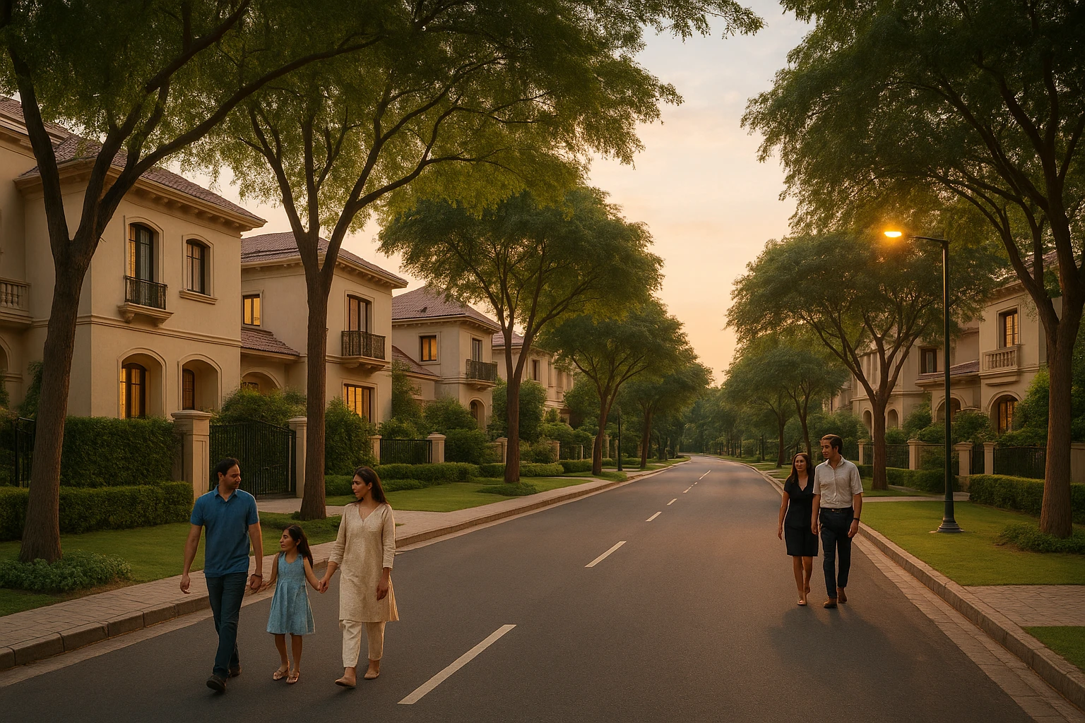 Mature tree-lined avenue with luxury villas at dusk