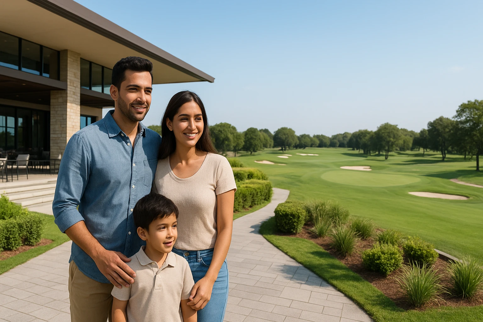 A young family touring a modern clubhouse