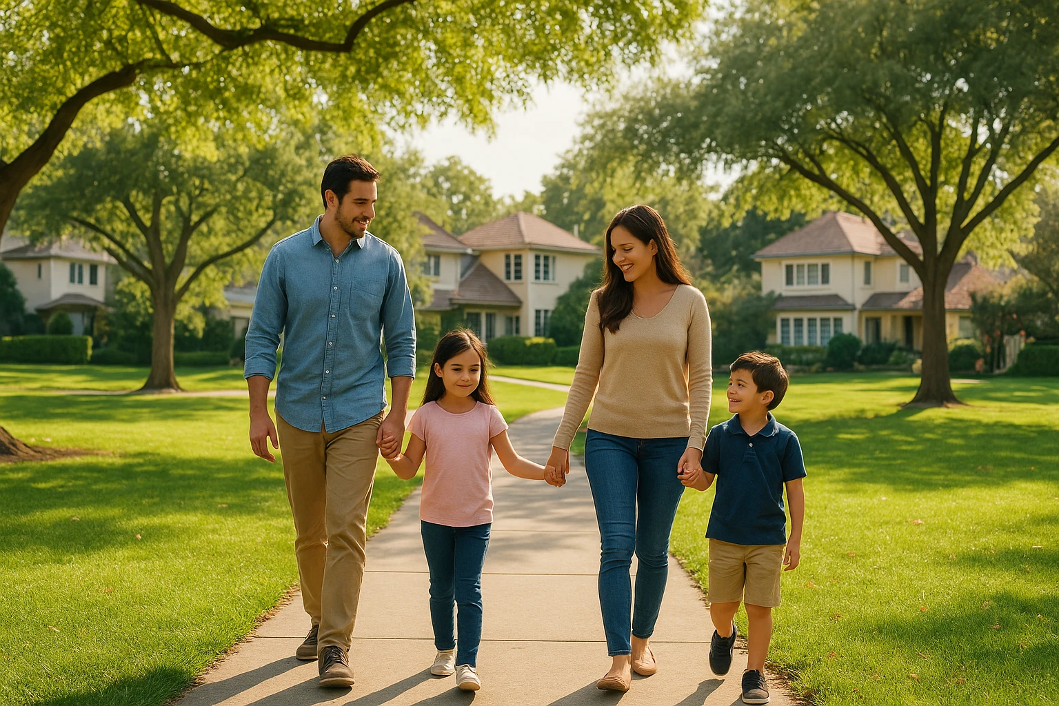 Parents walking children past shaded Gurgaon park homes