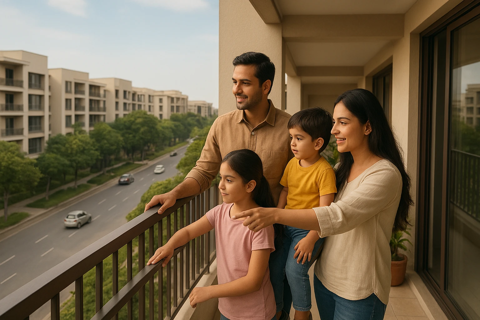Sunlit family reviewing balcony over tree-lined street