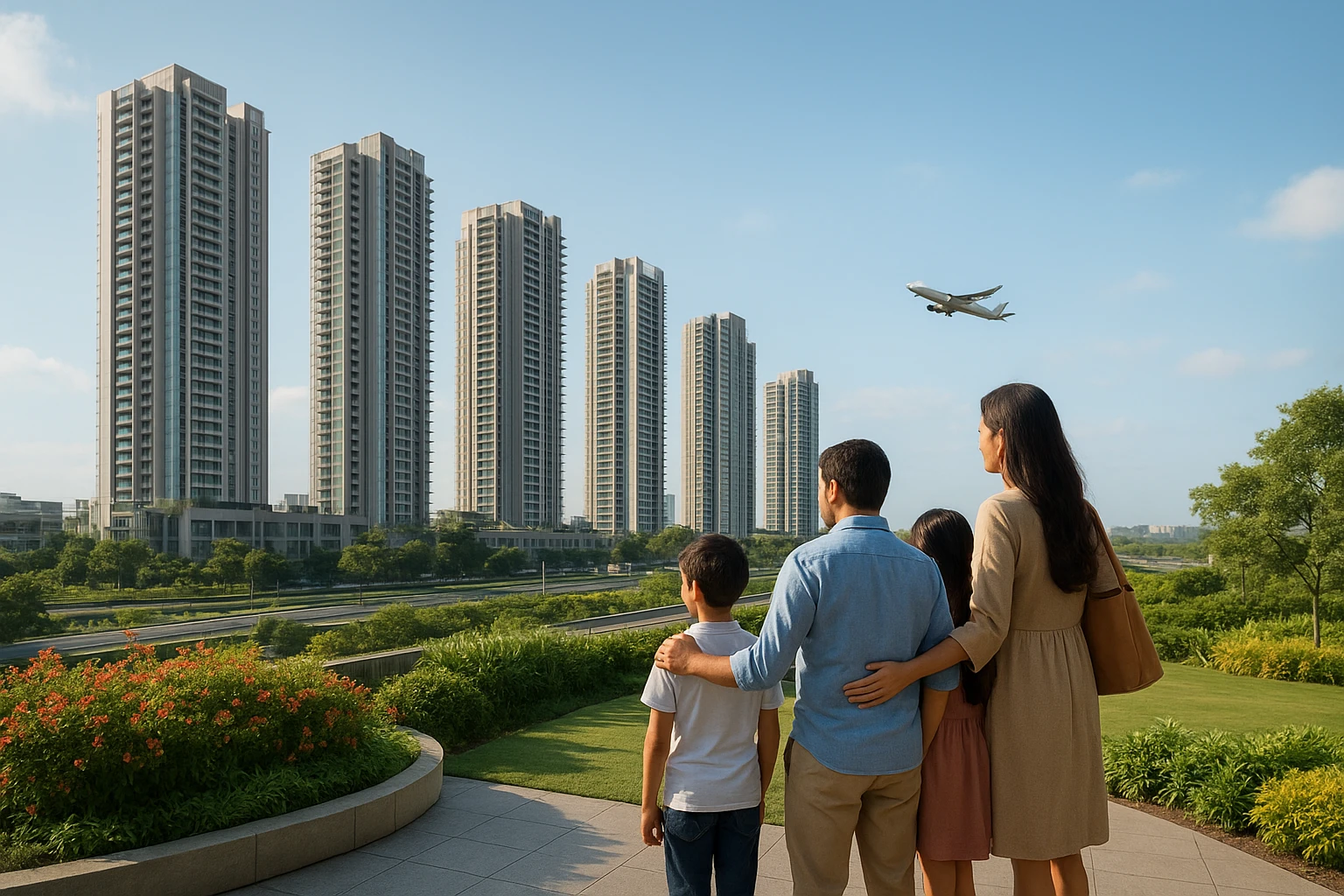 A family viewing airport-facing luxury towers from a landscaped podium