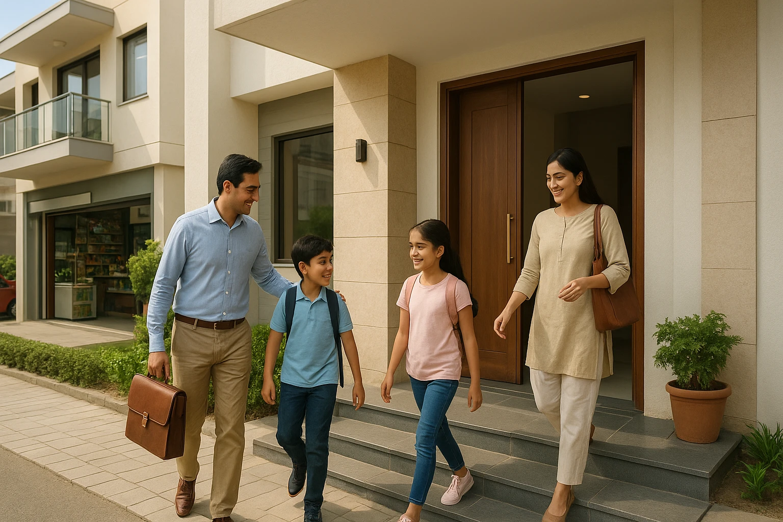 Family entering modern floor near Sushant Lok market