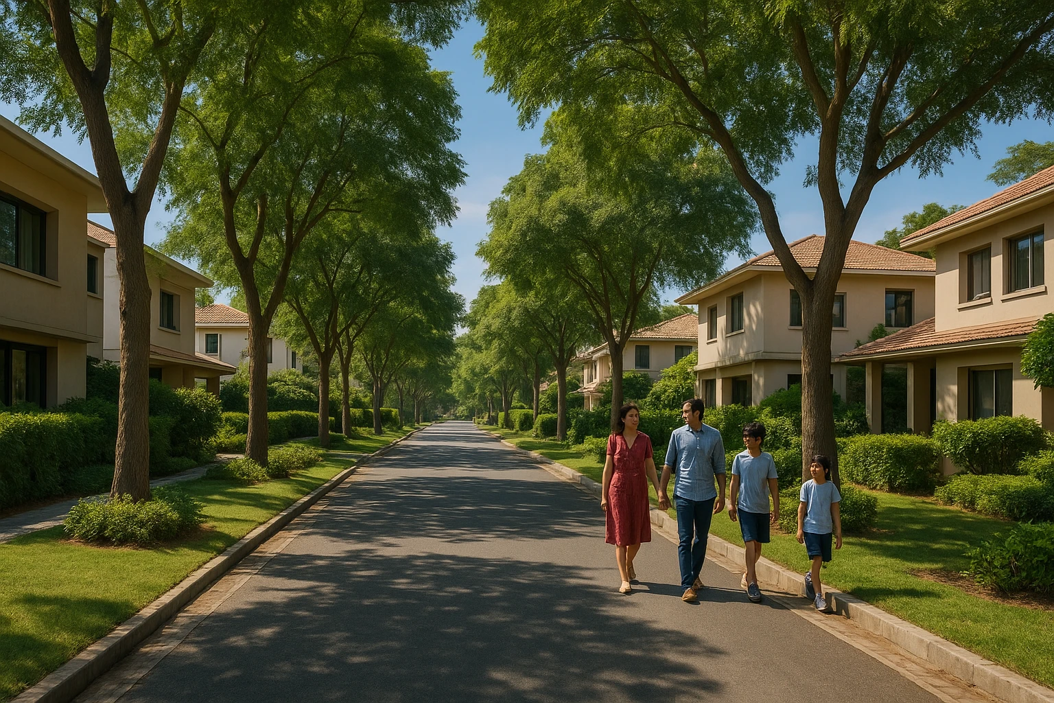 Tree-lined lane with low-rise family homes