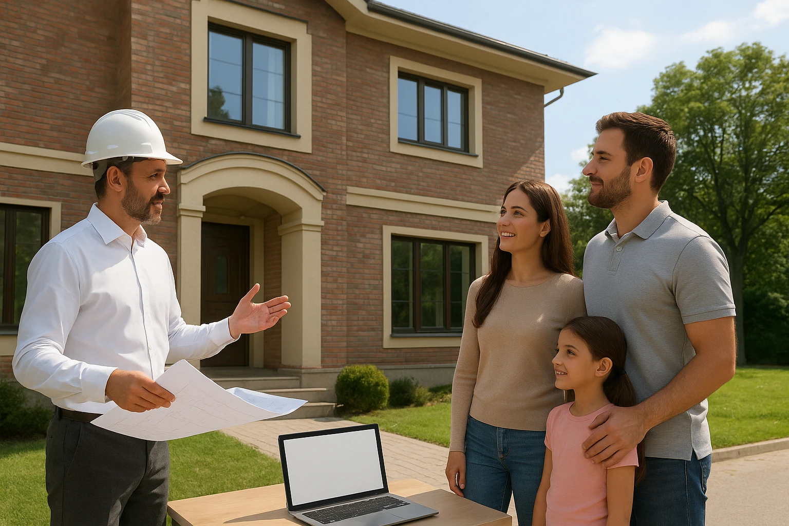 Architect and family reviewing low-rise builder floor facade