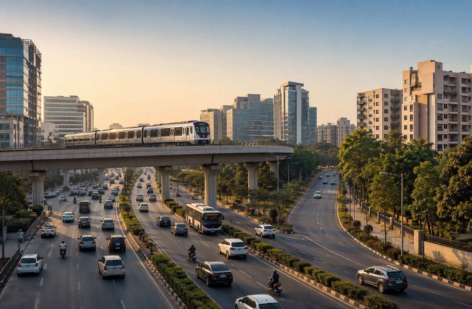 Morning traffic beneath elevated Rapid Metro tracks