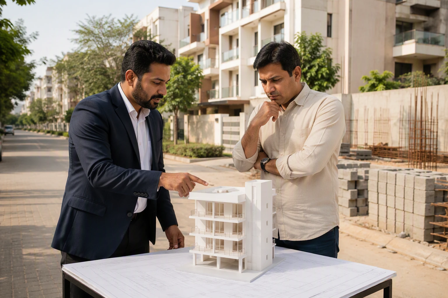 Architect and buyer reviewing floor plans beside plot