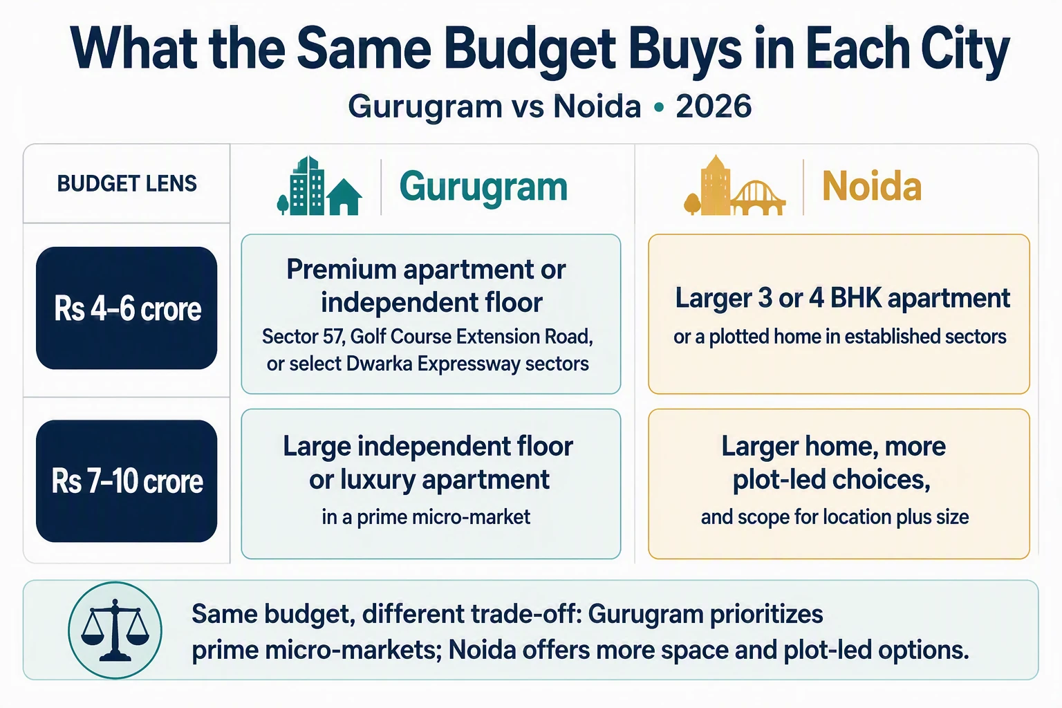 Side-by-side bar chart comparing Gurgaon and Noida home options by budget
