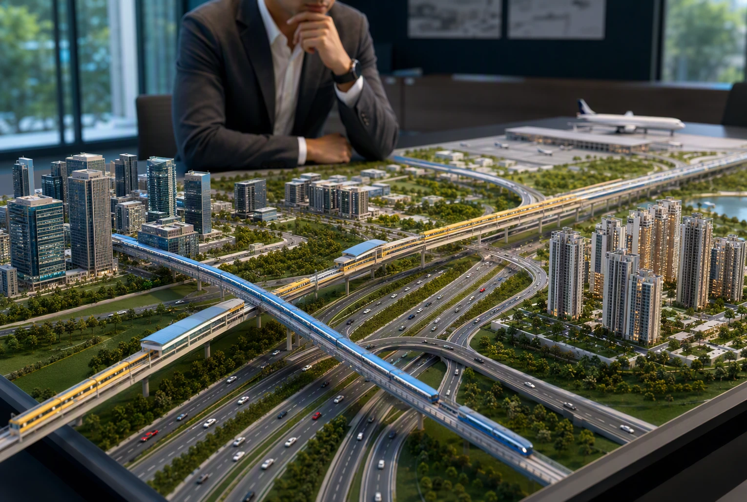 Aerial view of modern metro interchange