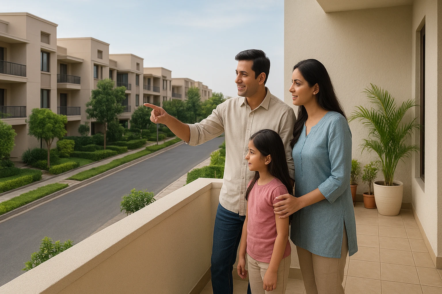 Family reviewing terrace above leafy Gurugram street