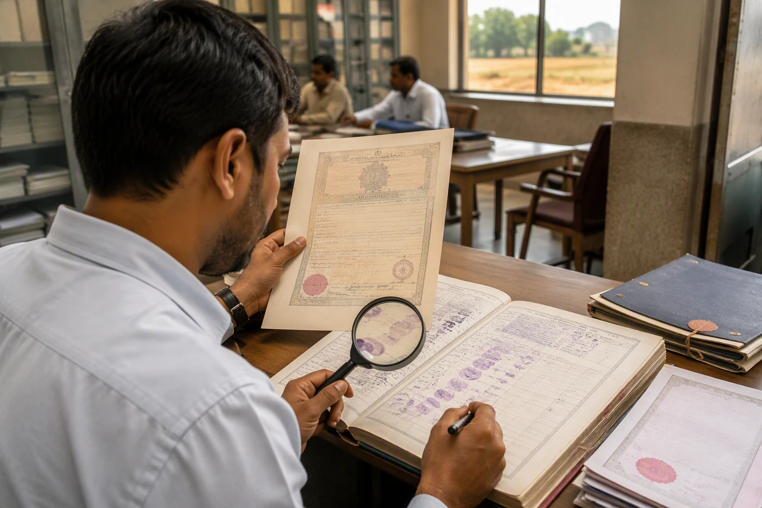 A person comparing a printed document to a land record on a laptop