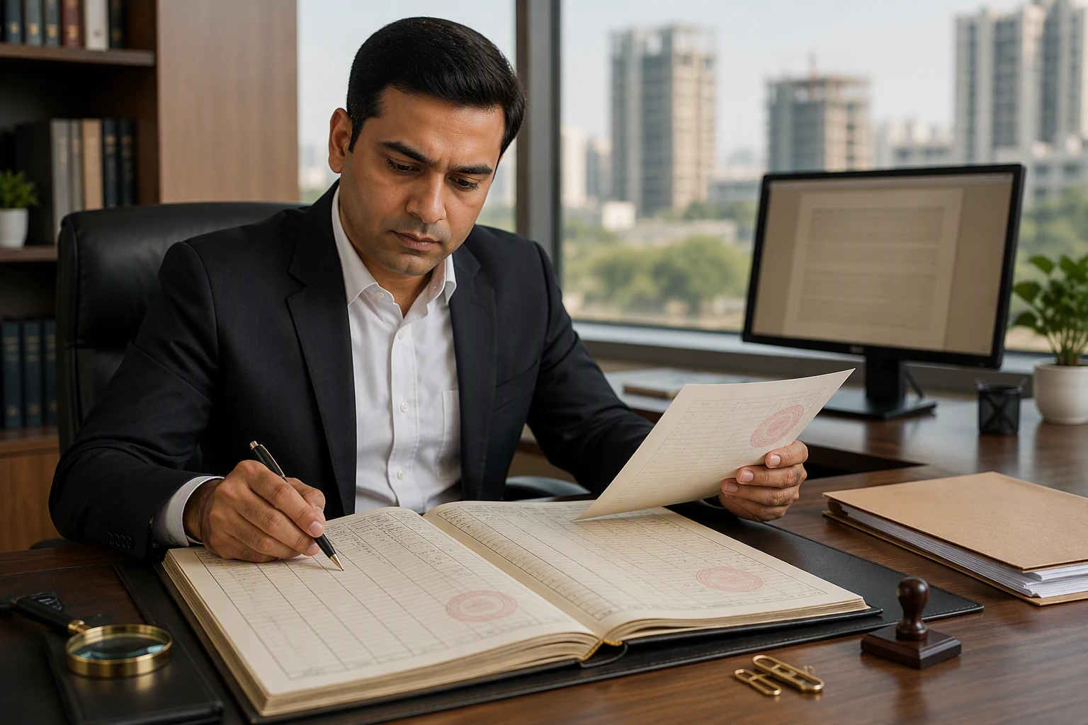 Lawyer comparing mutation entries with sale deed