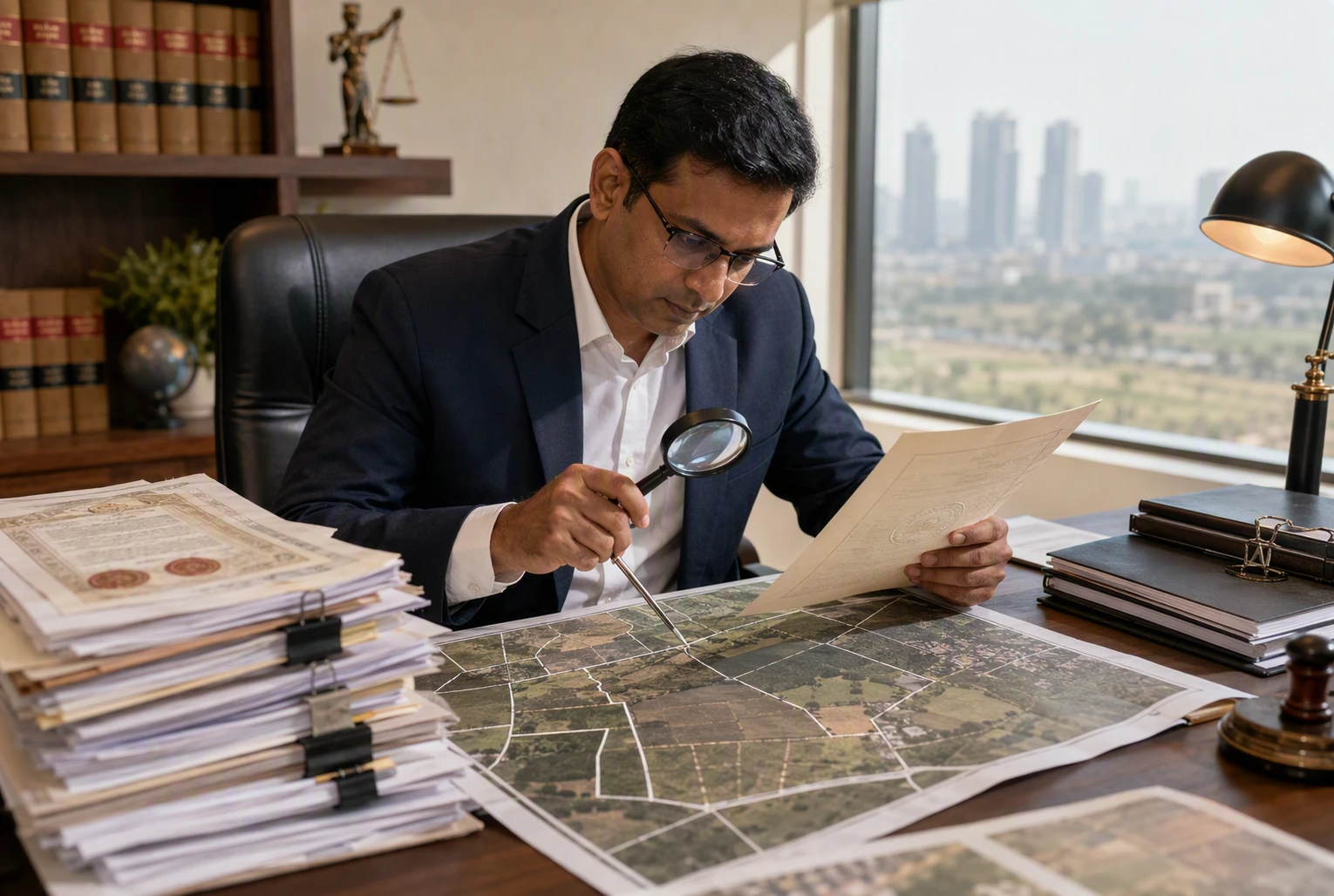 Property lawyer comparing release documents to land maps