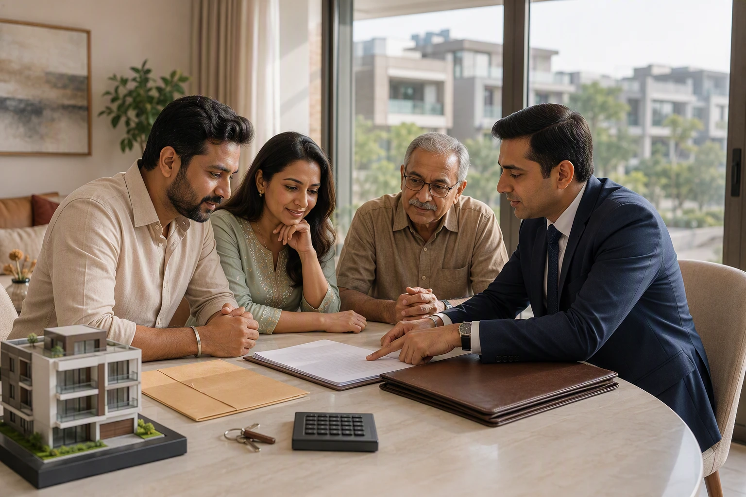 Family reviewing property sale documents with adviser
