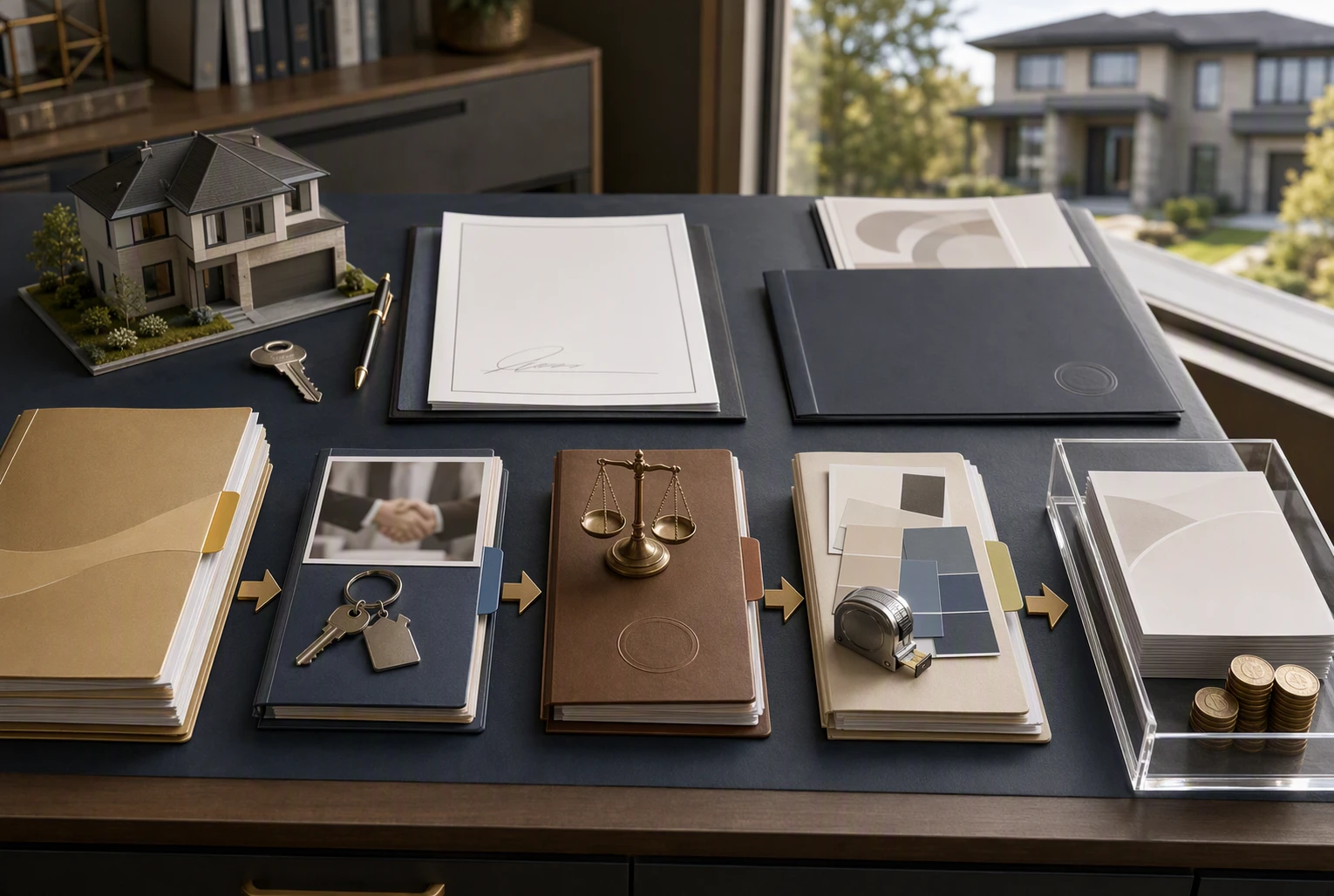 Modern desk with property sale documents and calculator
