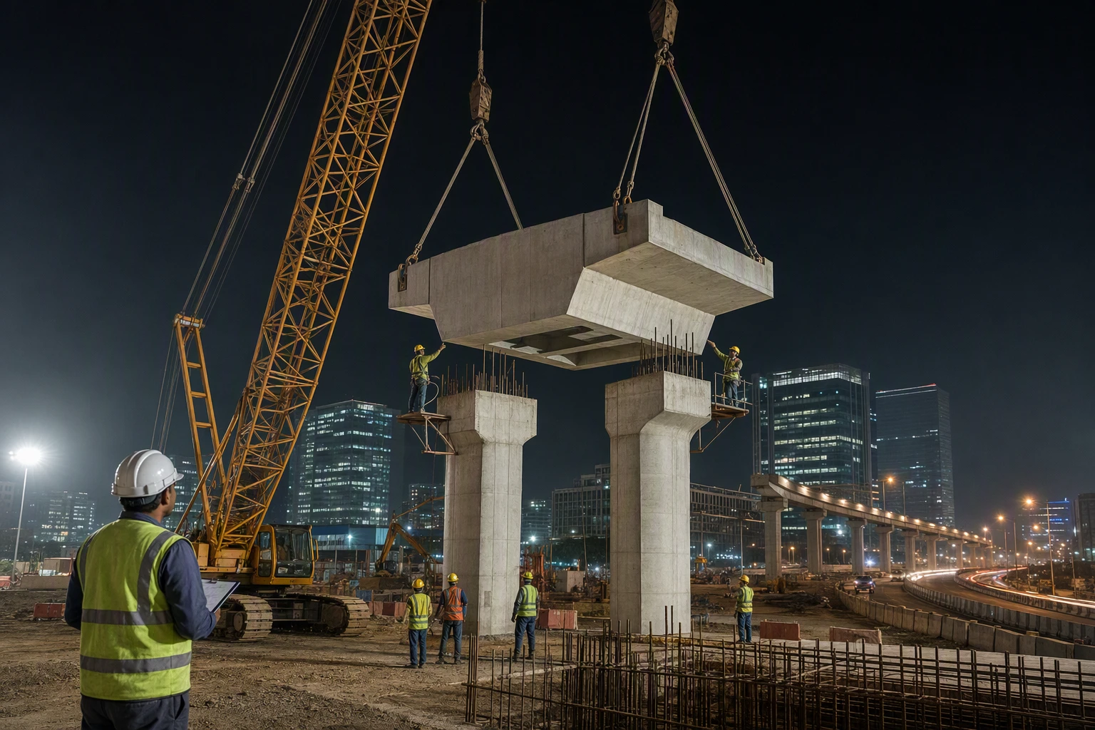 Night pier cap installation near Cyber Park