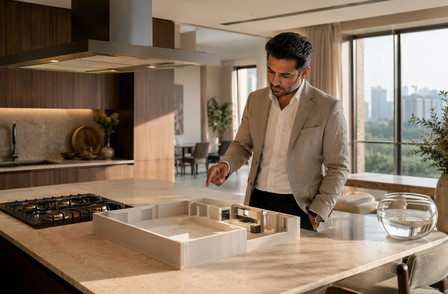 Architect reviewing southeast kitchen plan near window