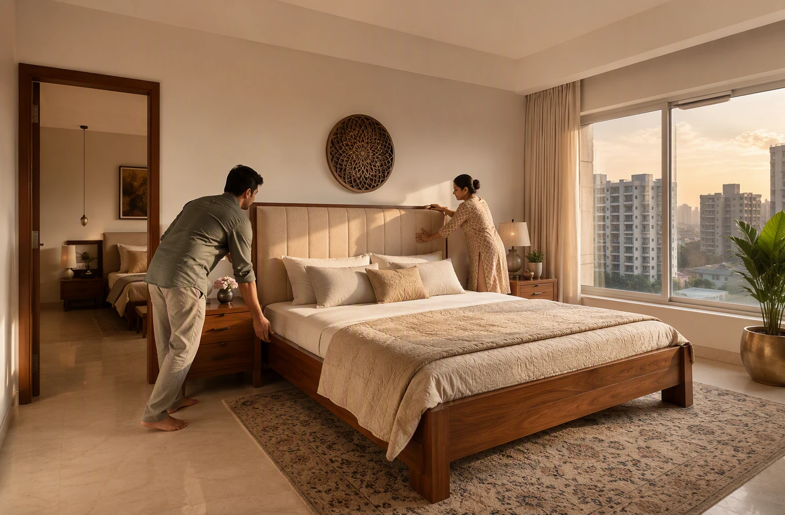 Couple positioning wooden bed against south wall