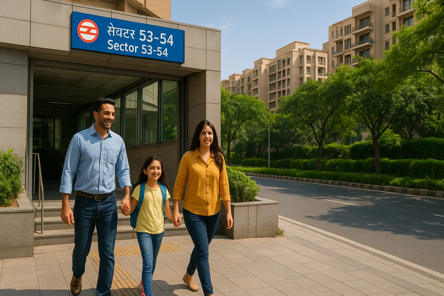 Family exiting metro station near leafy residences