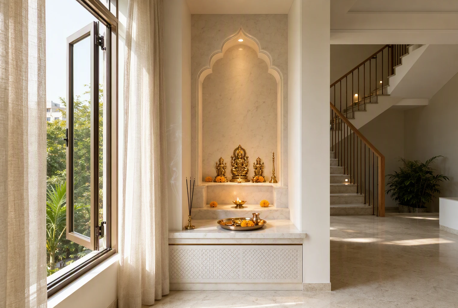 Sunlit marble pooja alcove beside window