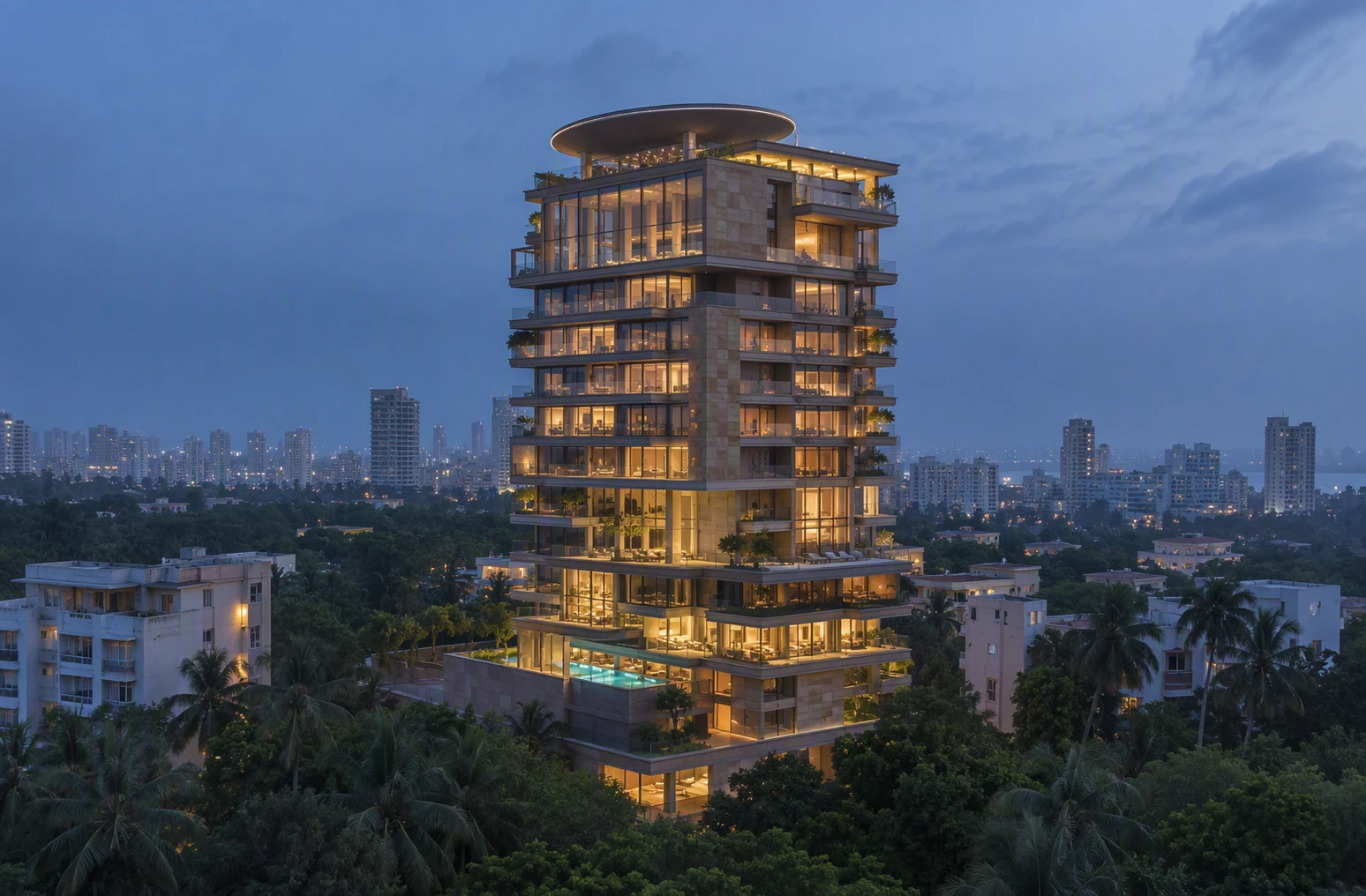 Dusk view of a towering Pali Hill residence