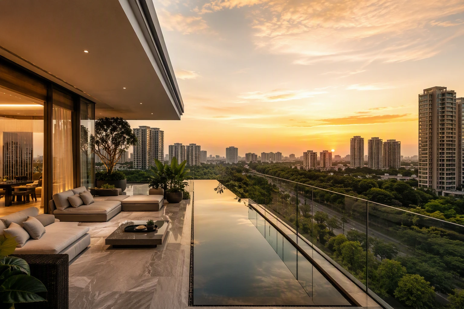 Panoramic penthouse terrace overlooking Gurugram greenery at sunset