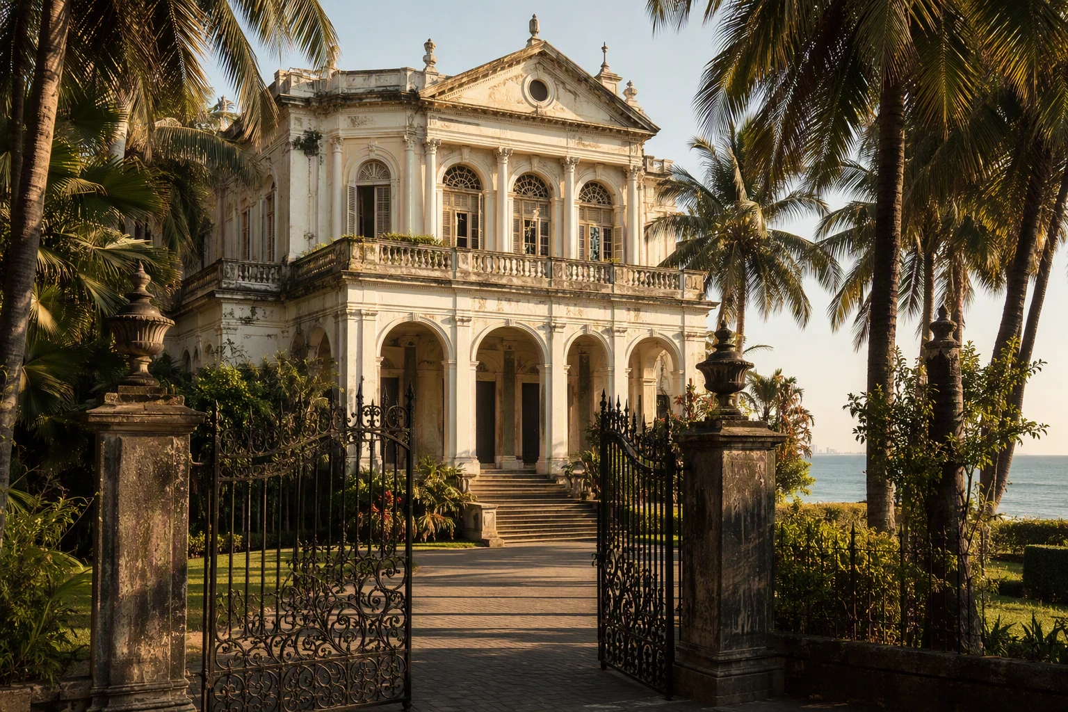 Seaside colonial mansion behind wrought-iron gates