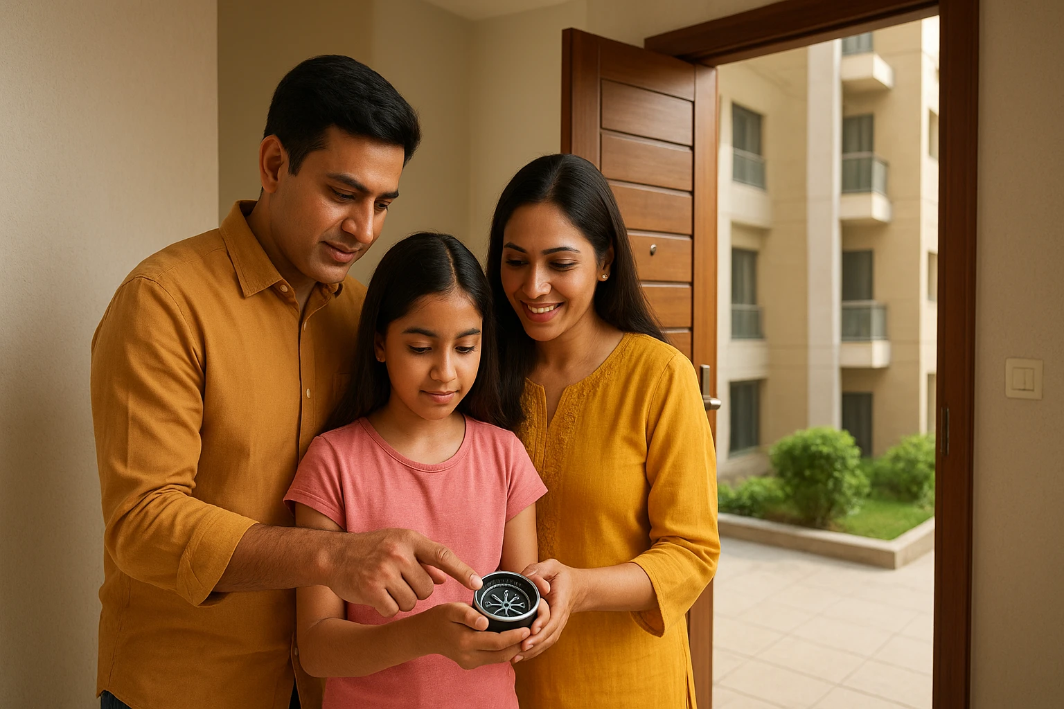 Family using compass at sunlit entryway