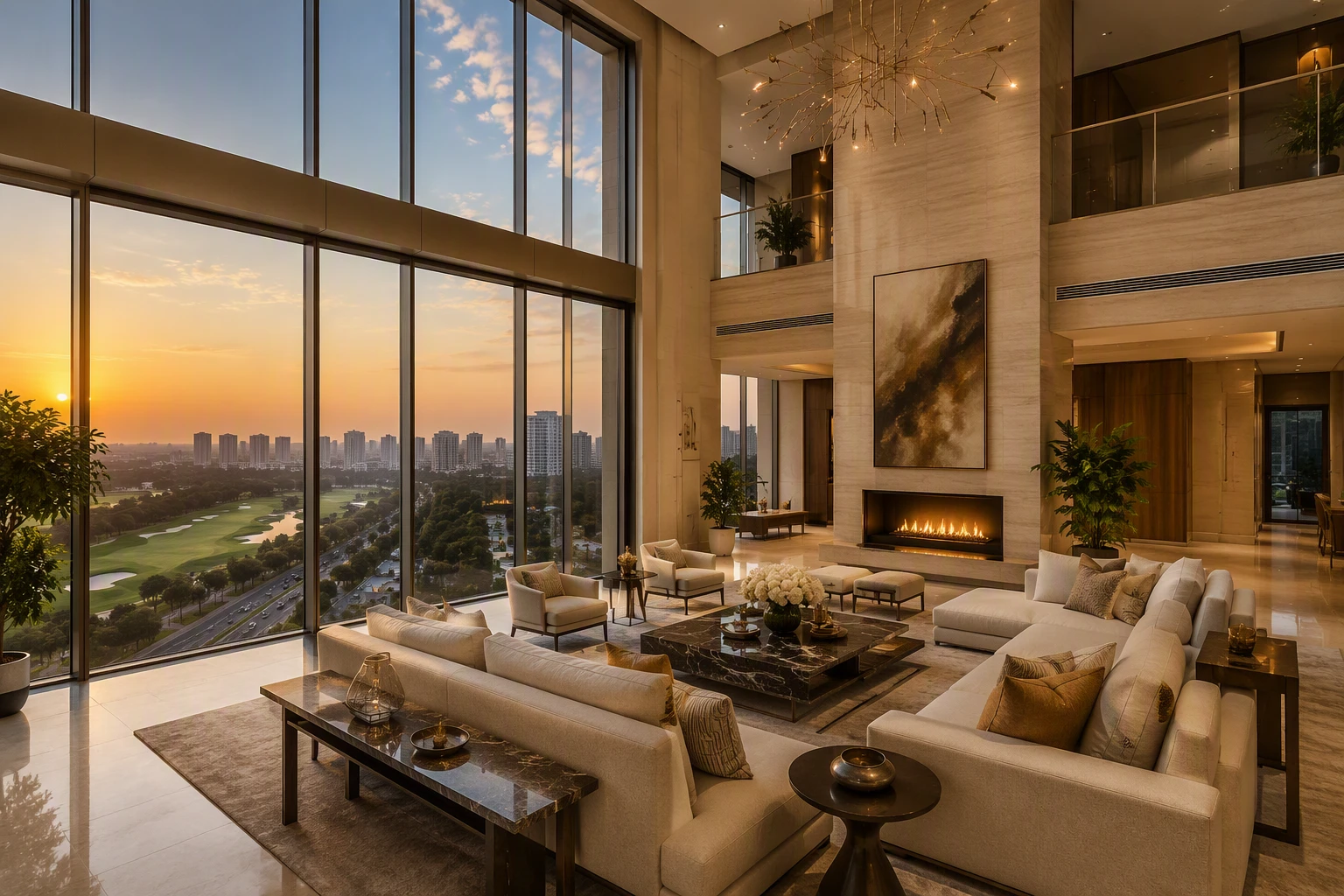 Sunset view over luxury penthouse living room