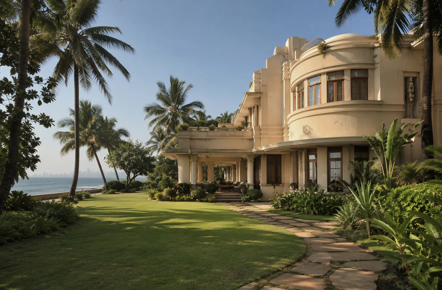 Art Deco bungalow garden facing Arabian Sea