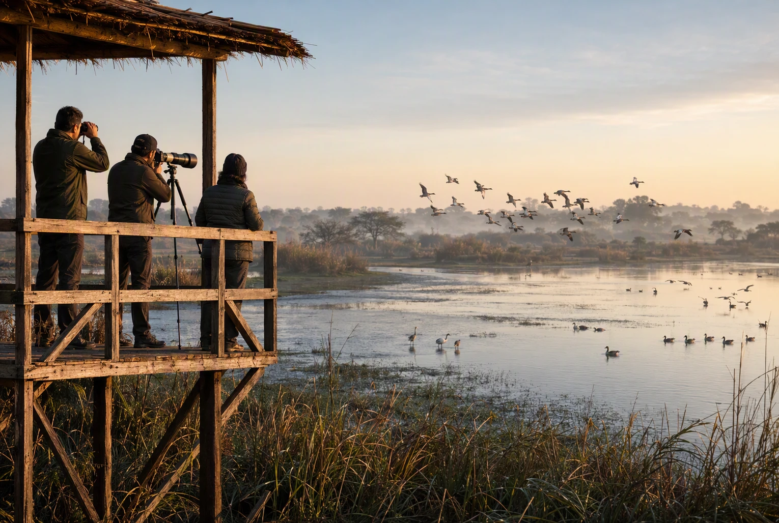 Birdwatchers on tower scanning misty wetland