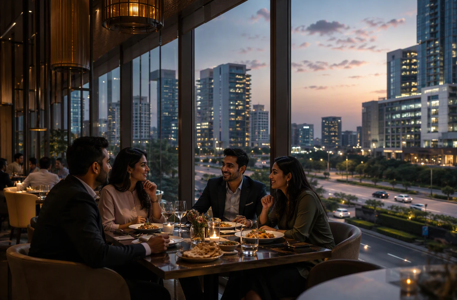 Professionals dining beside evening window light