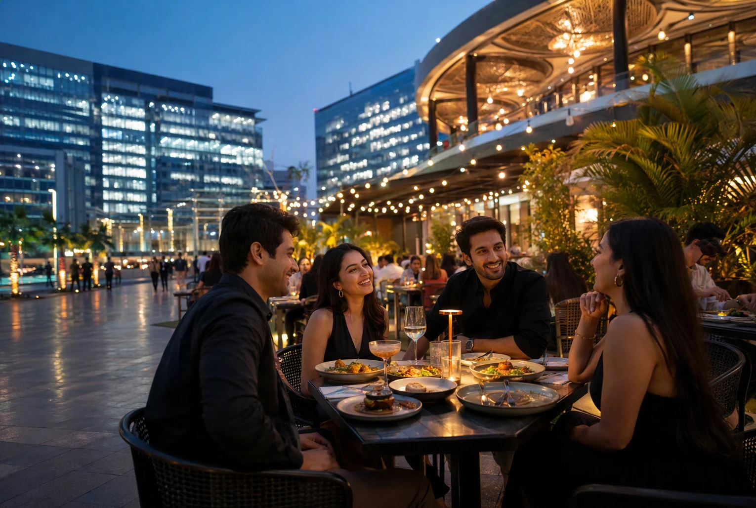 Friends dining in Cyber Hub courtyard