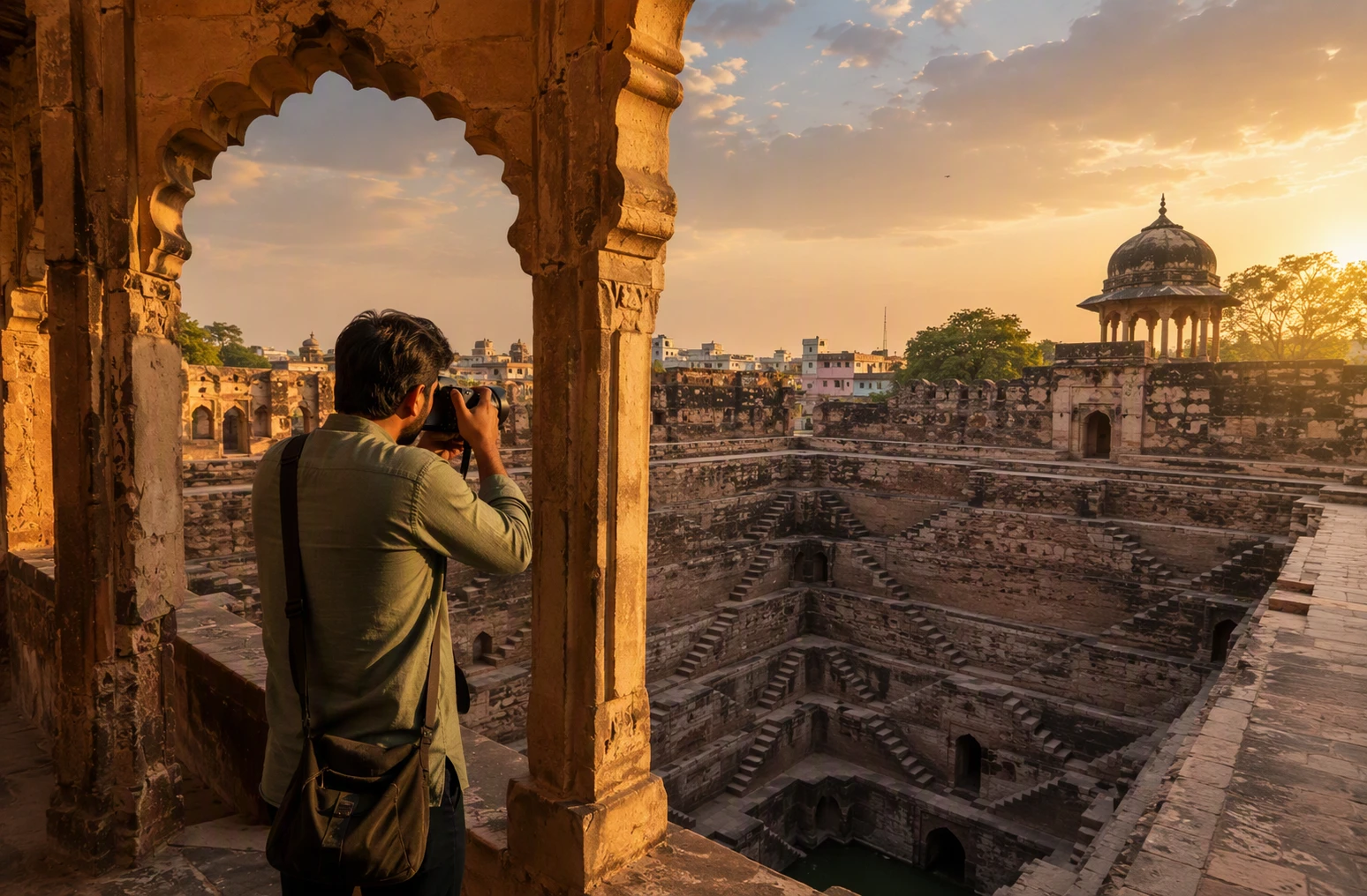 Photographer framing weathered arches beside stone stepwell
