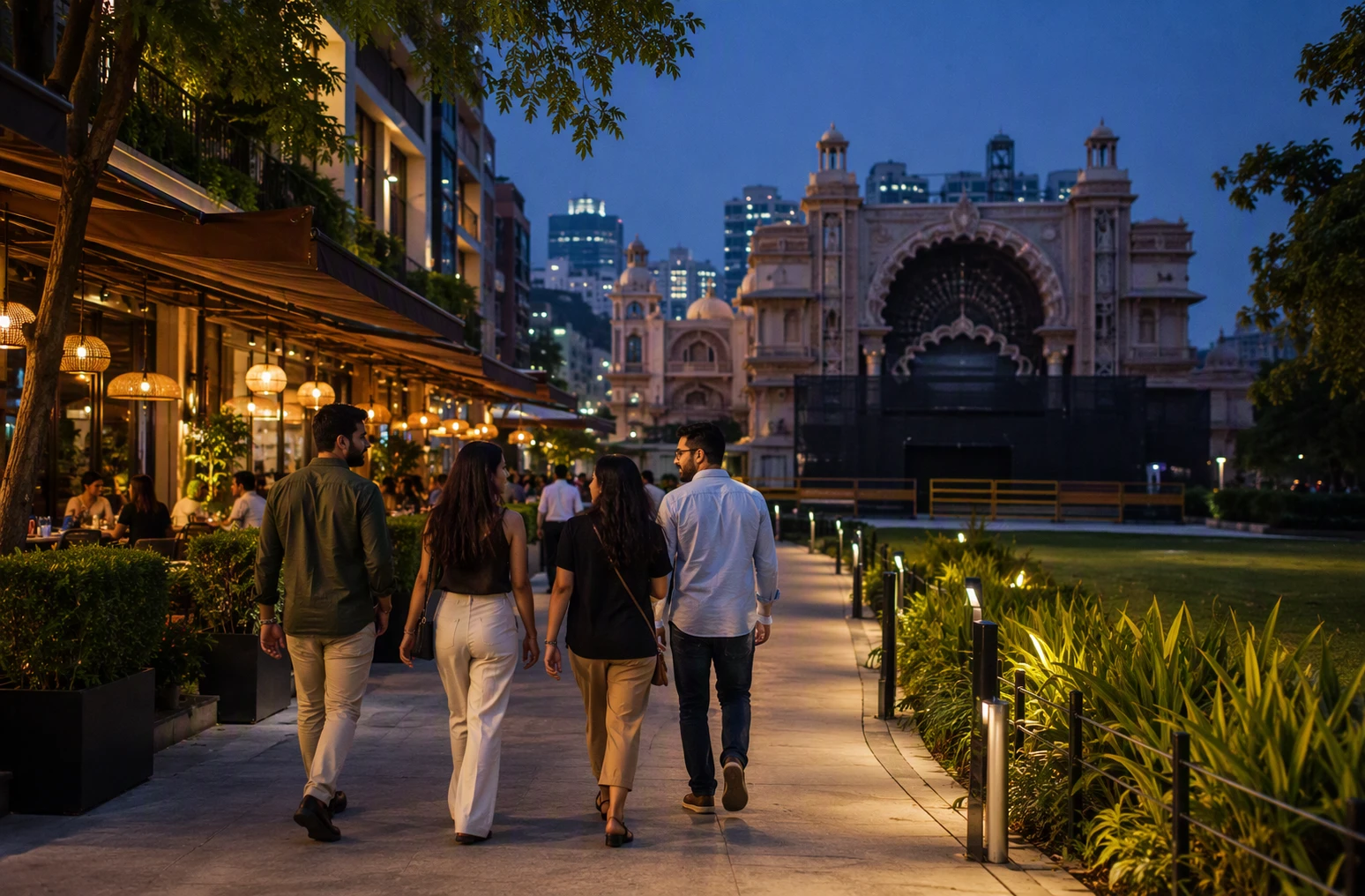 Evening diners strolling past leafy Leisure Valley
