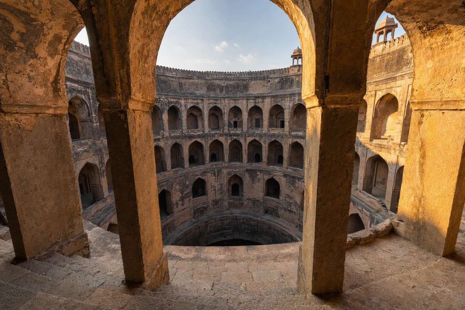 Sunlit arches descending to historic stepwell