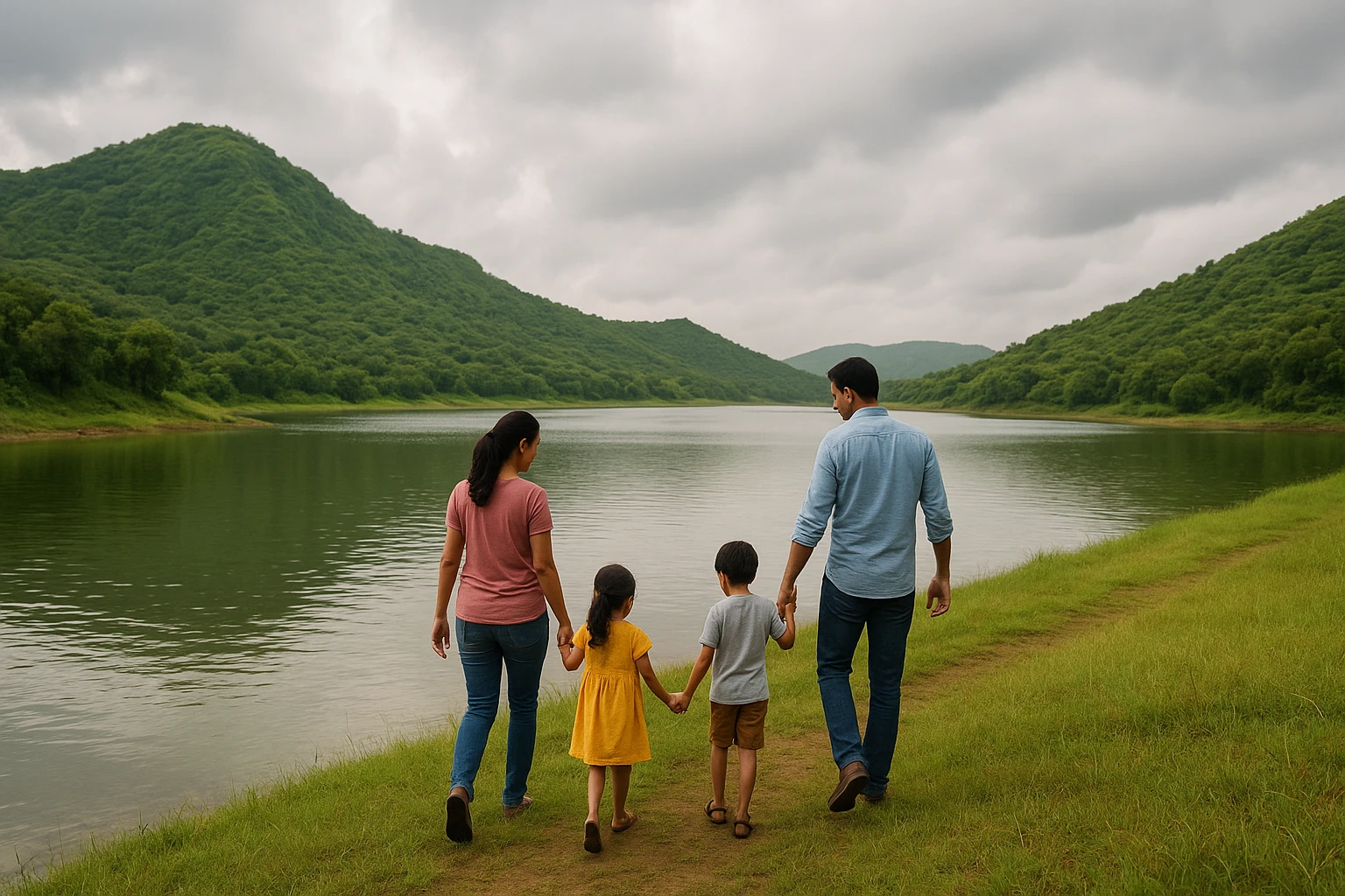 Family walking by monsoon-fed Damdama Lake