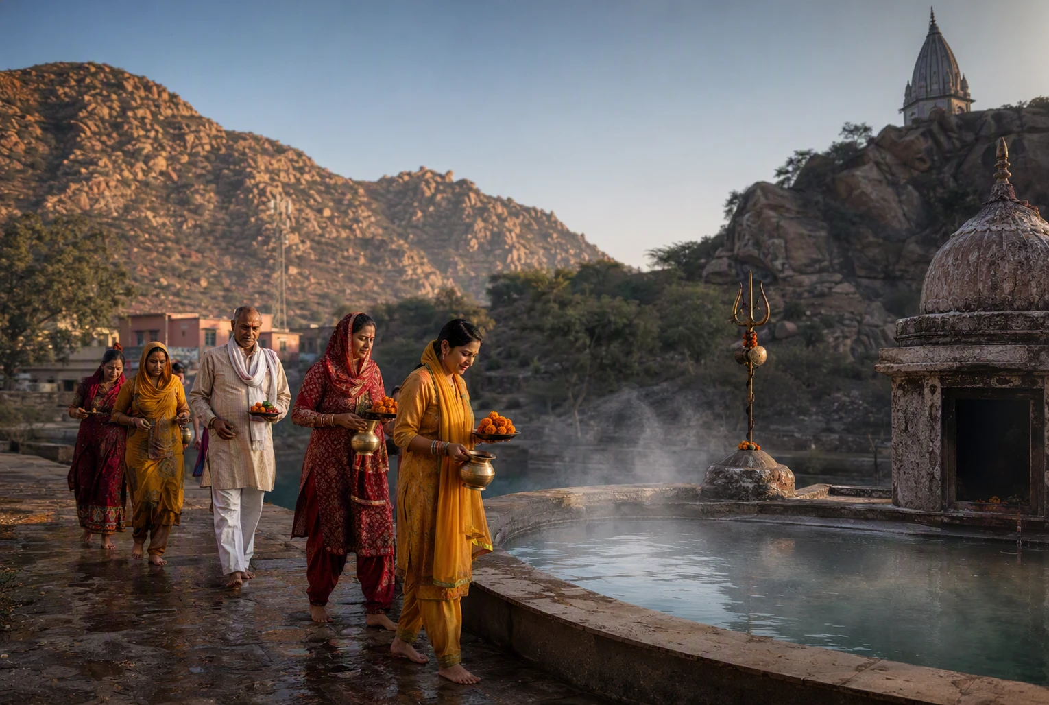 Devotees at Shiv Kund beneath Aravalli foothills